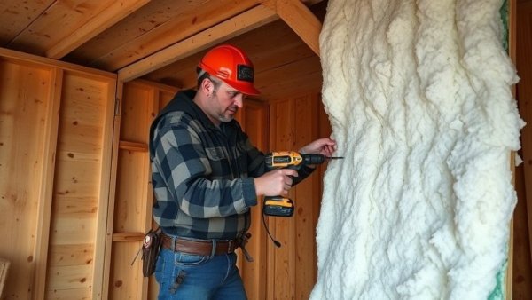 Worker improves shed ceiling insulation with upgrades.