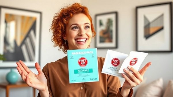 Young woman holding First Aid Beauty Radiance Pads, discussing skincare.
