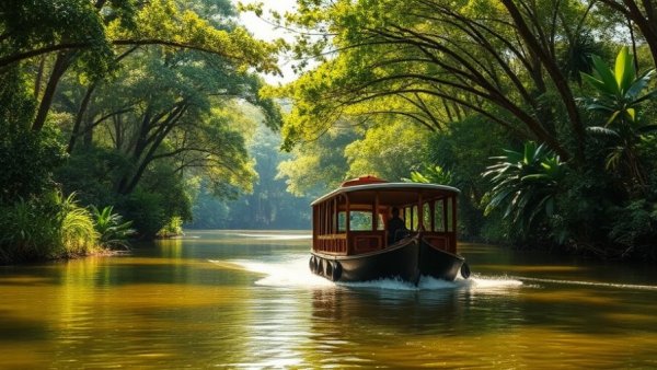 Charming riverboat on lush jungle river, Hidden Adventure in Laos.