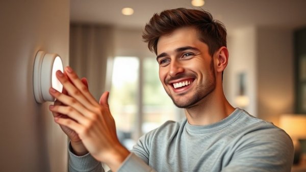 Young man demonstrating smart home automation sensor with a smile.