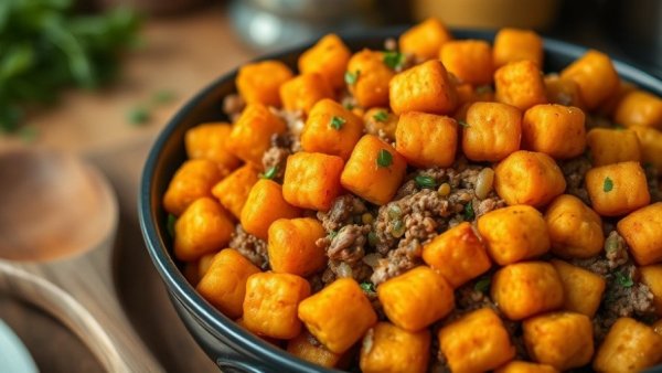 Sweet Potato Tater Tot Casserole close-up with veggies and meat.