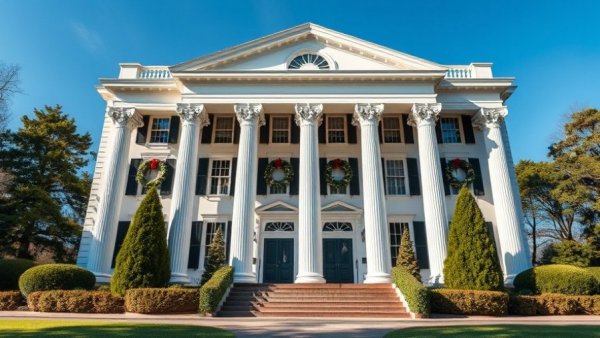 Tate House's neoclassical porch with festive wreaths for Christmas Luncheon Tour.