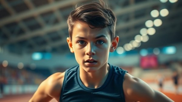 High school track and field phenom, focused during indoor race.
