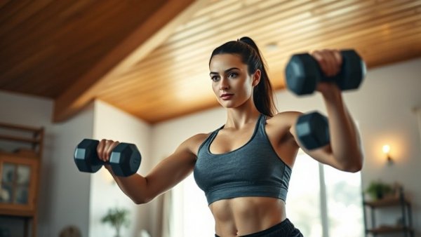 Focused woman performing winter travel workout with dumbbells indoors.