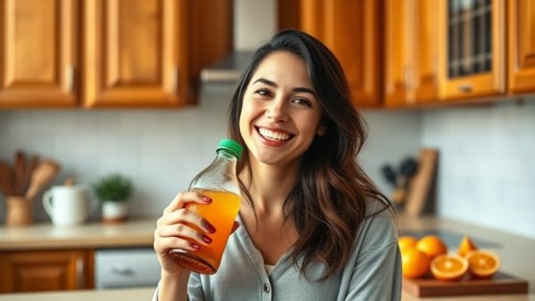 Smiling woman in kitchen holding functional beverage with sliced oranges.
