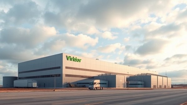 Viridor energy-from-waste facility under a cloudy sky in an open area.