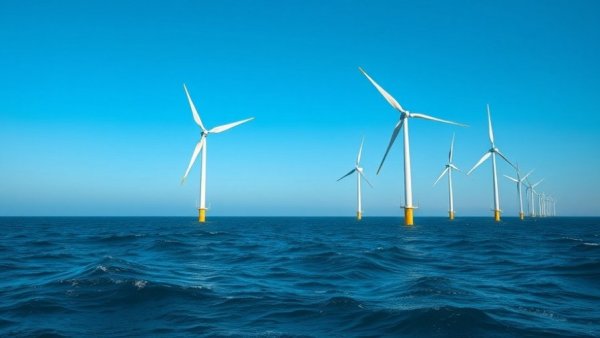 Offshore wind turbines and structural supports in ocean.