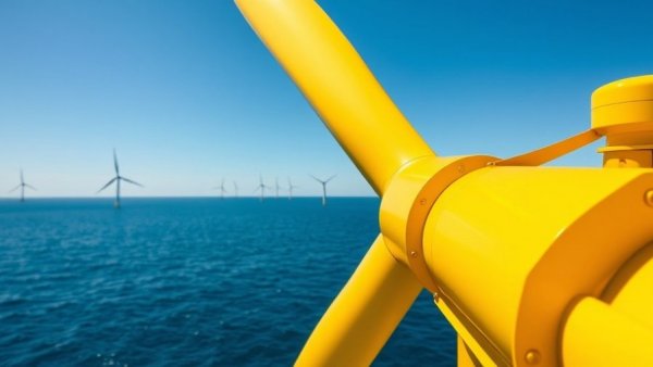 Offshore wind turbine structures in calm ocean, bright sky.