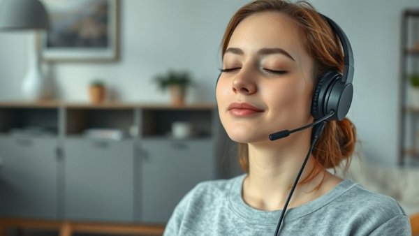 Young woman practicing accountability in meditation with headset at home.
