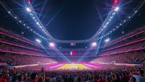 Exciting scene at Arab Cup 2025 in Qatar stadium with vibrant lights.