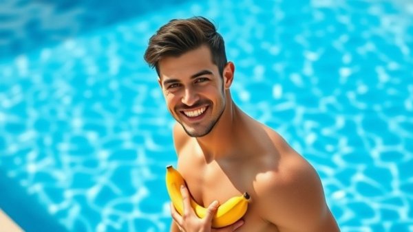 Athletic man with banana by pool discussing what to eat before you swim.