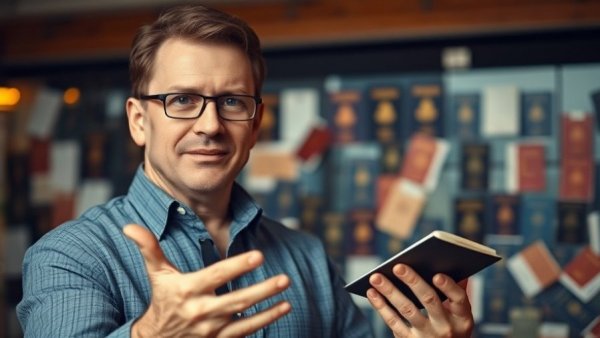 Professional man discussing global passport portfolio with blurred passports in background.