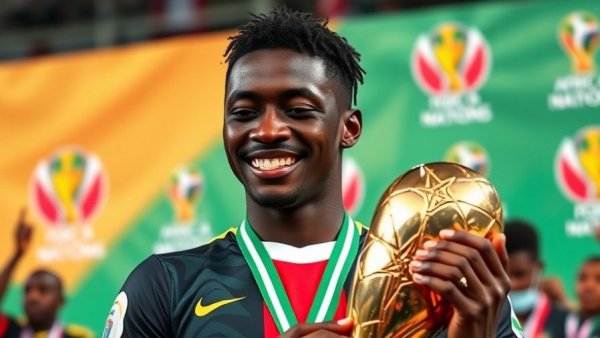 Senegal player celebrates AFCON victory with Man of the Match trophy.