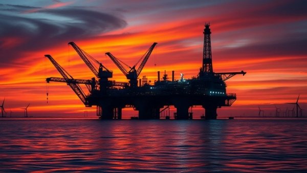 Offshore platform with cranes at sunset symbolizing carbon capture bond.