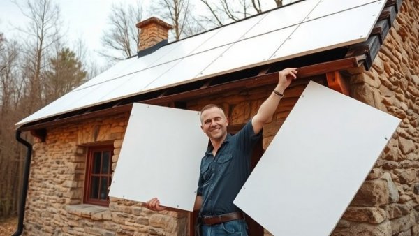 DIY construction ideas: man renovating roof with panels.
