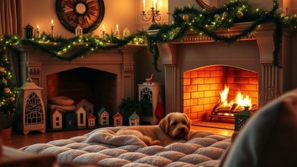 Christmas home decoration ideas: Festive fireplace with greenery and dog.