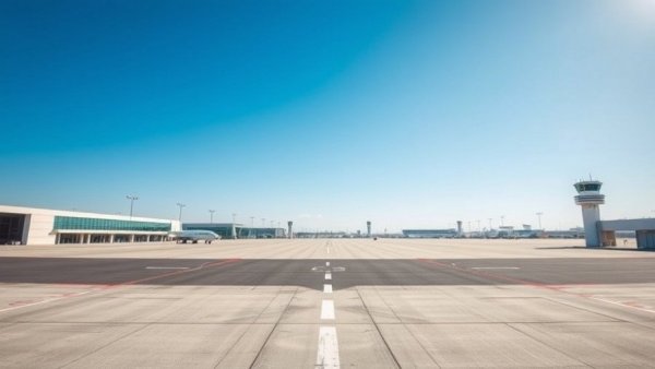 Modern airport construction site with empty tarmac under blue sky
