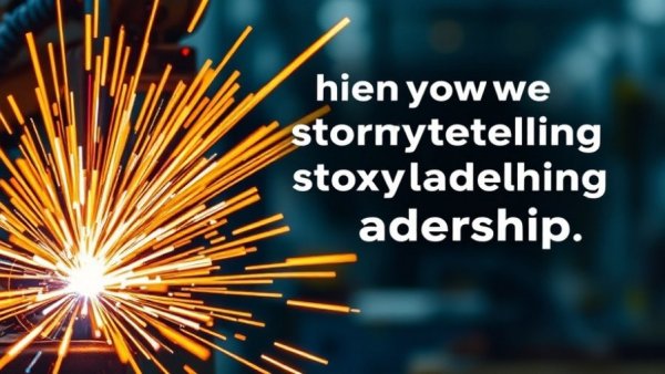 Inspirational text overlay on welding sparks about leadership stories.