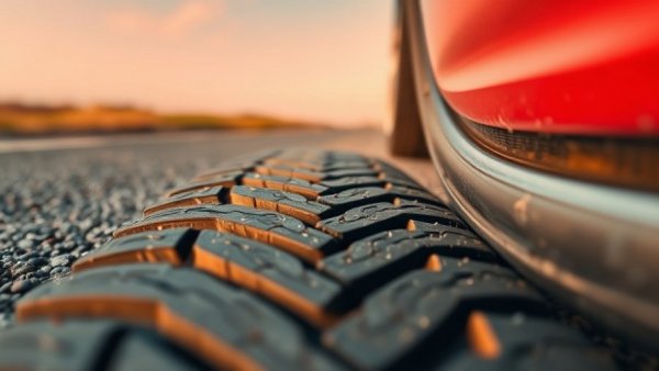 Close-up of car tire on asphalt road emphasizing tread pattern. Use Nitrogen In Your Tires.