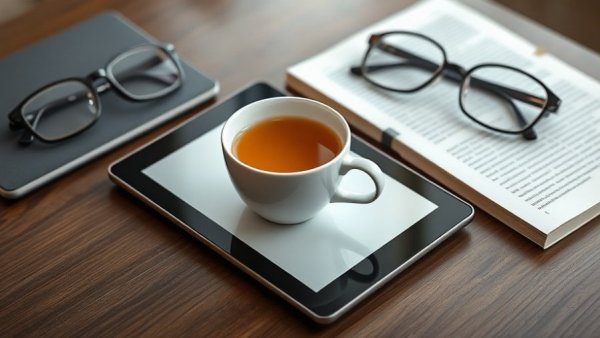 Minimalist tea on digital tablet, relaxing setup.