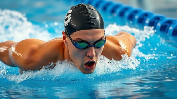 Competitive swimmer in action at a swimming pool, USA Swimming Scholastic All-American Selections.