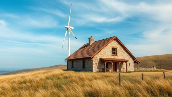 Stone house and wind turbine on a grassy hill, clear sky.