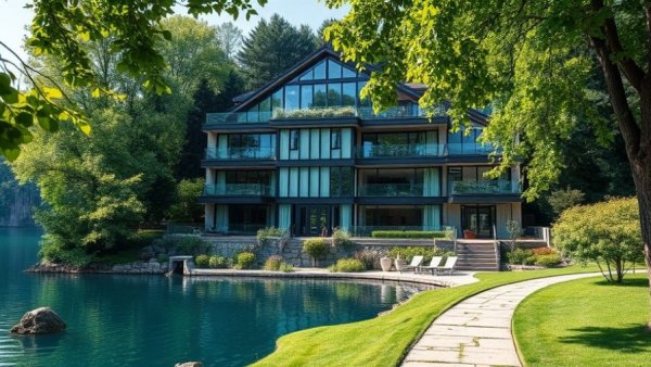 Modern lakeside luxury villa with scenic view.