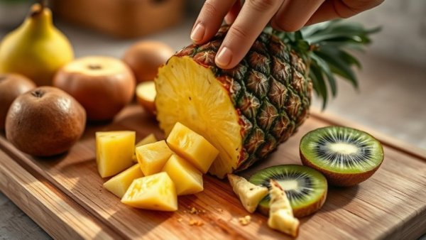 Slicing pineapple with other winter fruits like kiwi, indoor lighting.