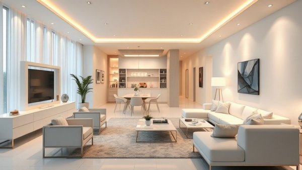 Minimalist living room with white decor in Raleigh.