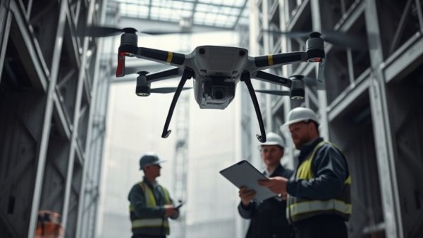 Drone conducting lift shaft inspection with workers using technology.
