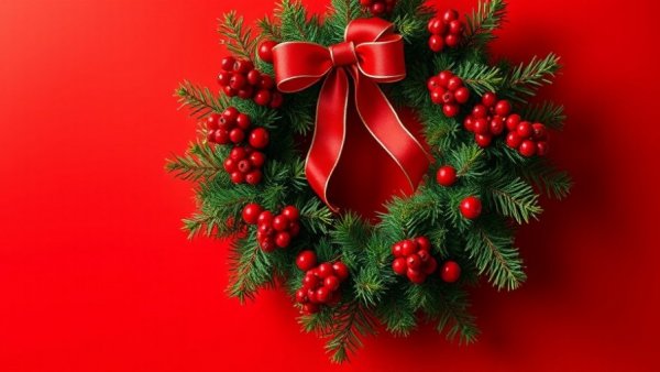 Festive Christmas wreath on a red background with reflective text.