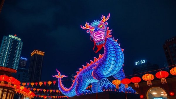 Lantern Festival in Qatar; colorful mythical creature glowing at night.