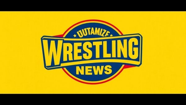 Bold vintage wrestling news logo on a yellow background displaying retro typography.