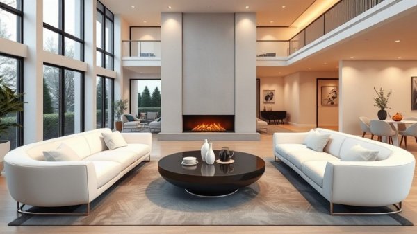 Modern 2026 living room with curved sofas and fireplace