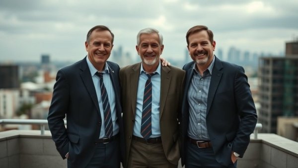 Businessmen standing on rooftop with cityscape background, Renewco Power