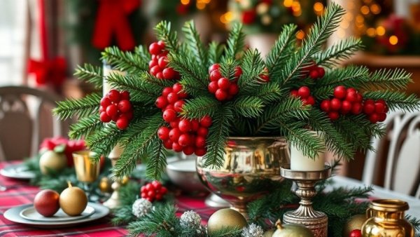 Elegant winter decor with evergreen and berries, perfect for cozy winter decorating ideas.