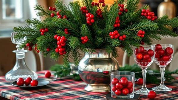 Elegant winter decor with pine branches and berries.