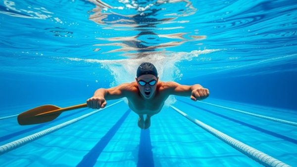Swimmer showcasing paddle stroke techniques for athletes in clear pool.