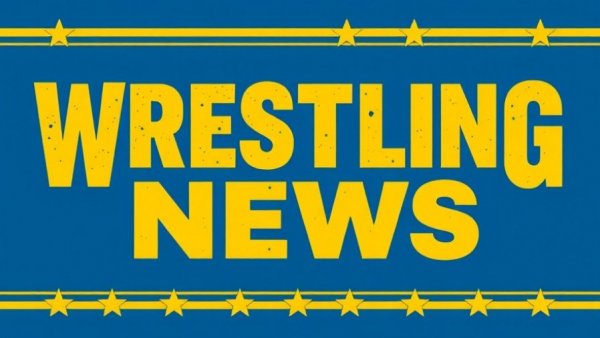 Bold wrestling news banner with yellow and blue design.