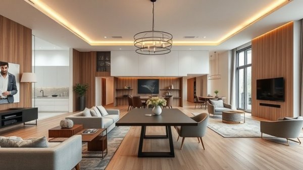 Modern home decor trends 2026: elegant living and dining rooms with stylish lighting.