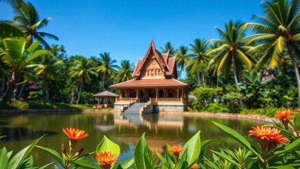 Tropical Landscape and Temple, affordable countries to retire abroad, vibrant greenery.