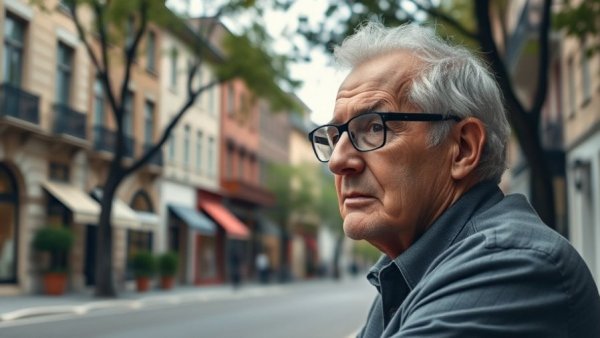 Older individual starting over in Uruguay, sitting on a charming streetscape.