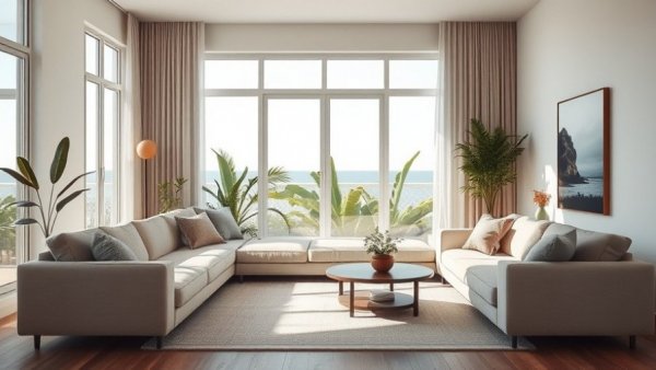 Coastal living room design trends with beige sofa and natural light.