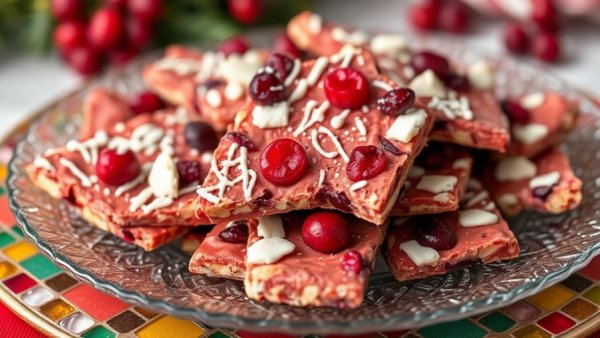 Colorful festive cranberry crunch bark recipe on a vibrant plate.