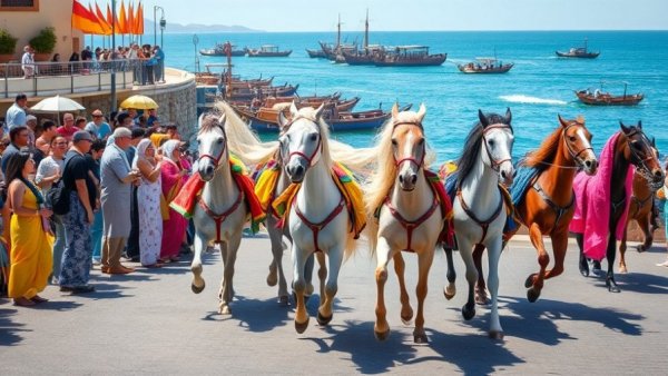 Vibrant parade with Arabian horses by the seaside at Qatar National Day 2025.