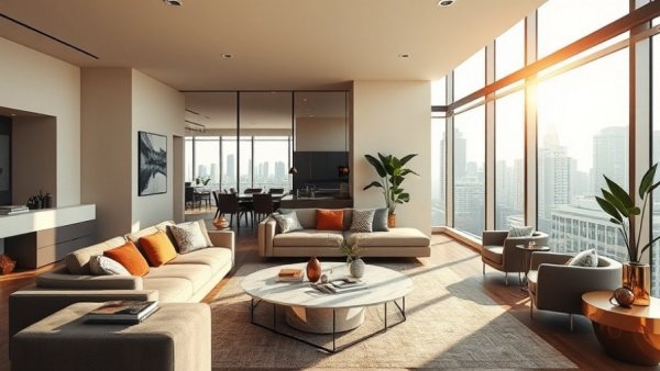 Chic modern apartment living room with elegant decor and natural lighting.