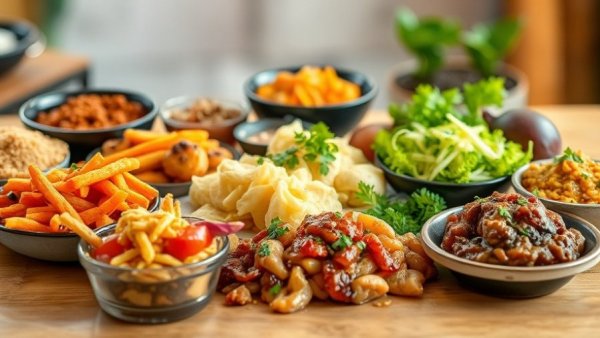 High-protein meals in a vibrant assortment, culinary variety.