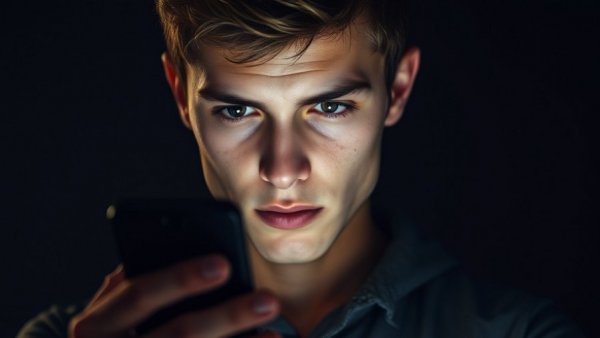 Focused young man pondering over smartphone, AI and human personhood.