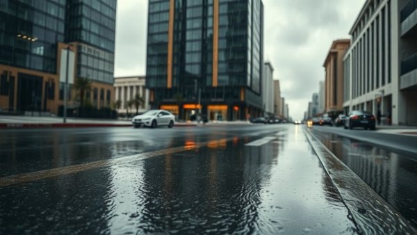 Rainy Days in Qatar, urban street reflection on wet pavement.