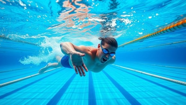 Swimmer using lead hand technique underwater in a pool, focused and graceful.